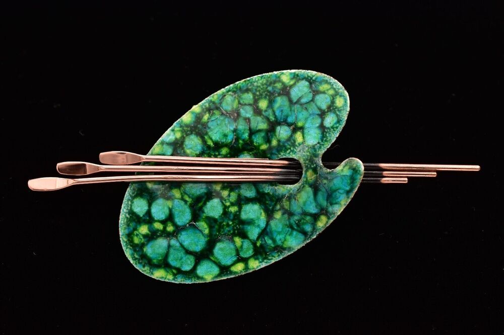 Matisse Renoir Palette Brooch Pin Copper Green Enamel Vintage Signed 1950s BinBG